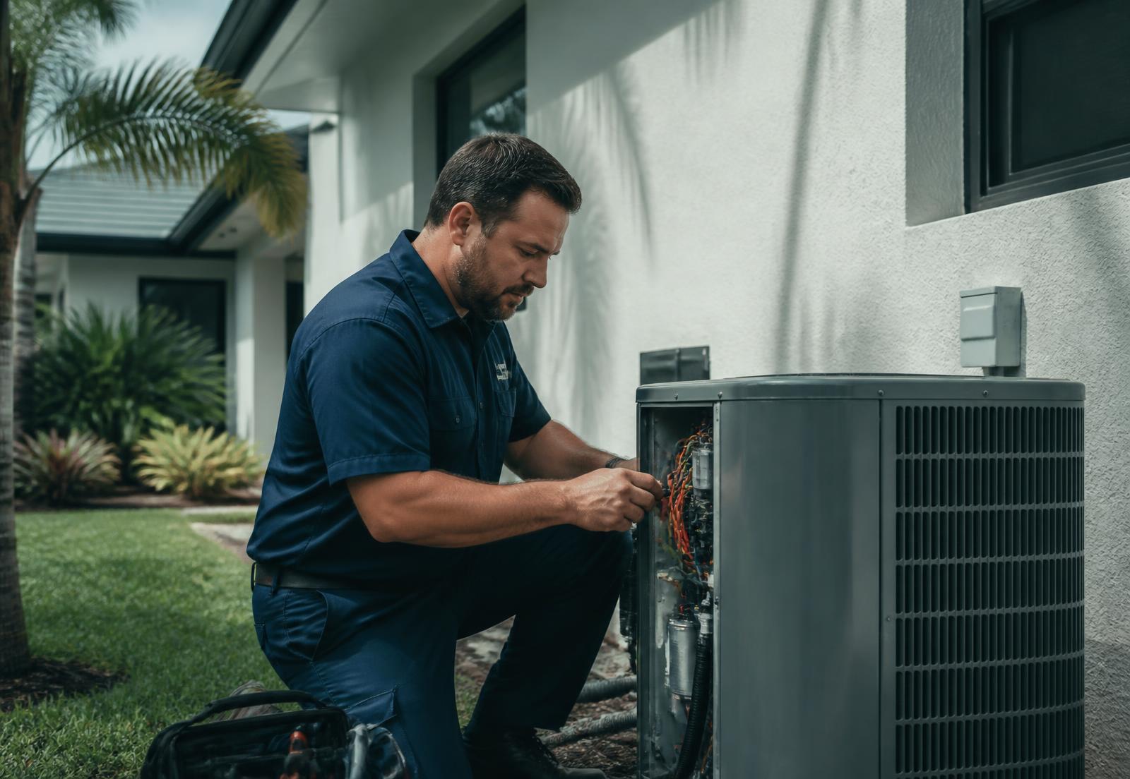 Northline Air technician measuring electrical values inside an outdoor condenser beside a modern Florida home