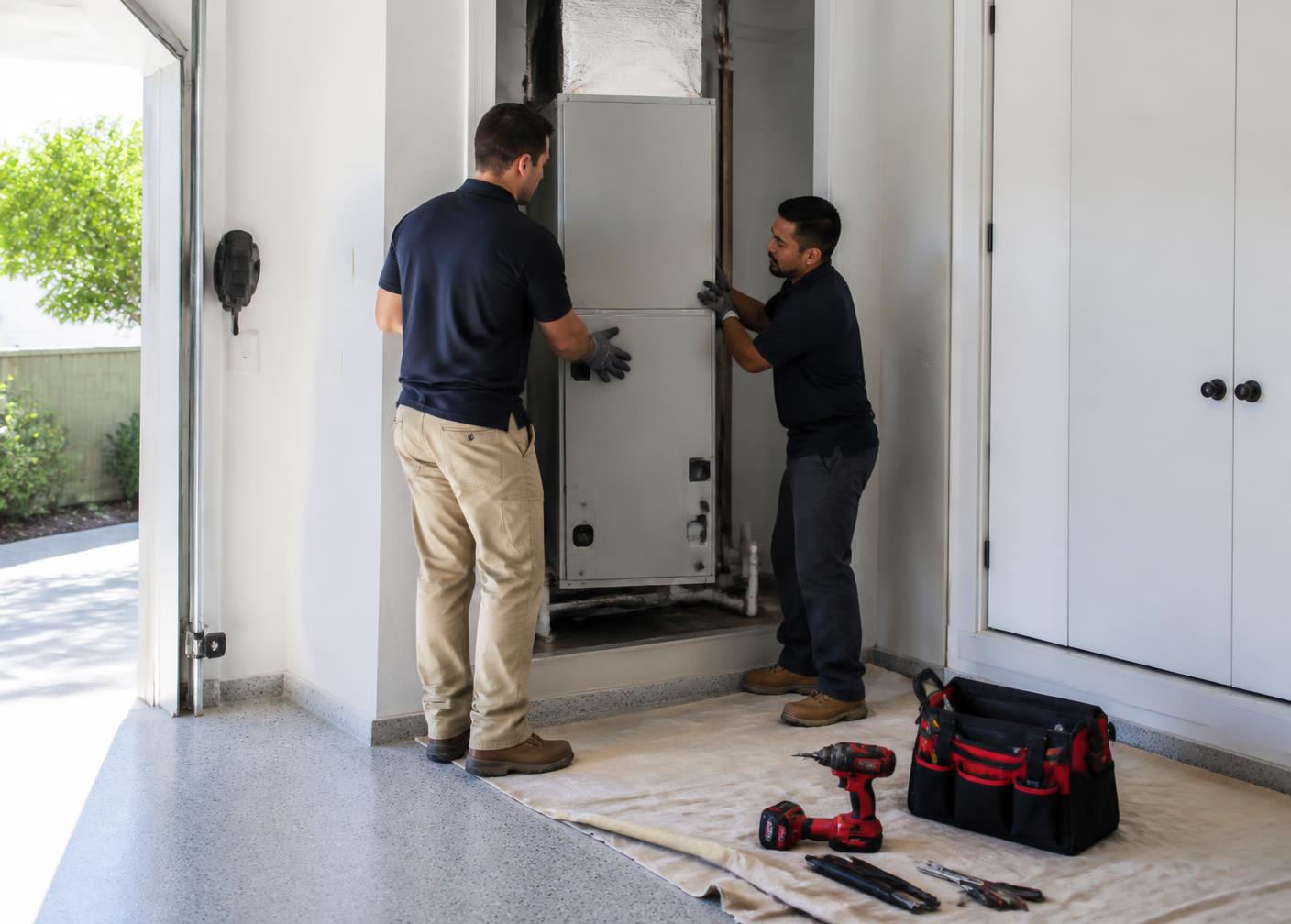 Two Northline Air installers setting a new air handler on a drop cloth in a clean garage utility closet